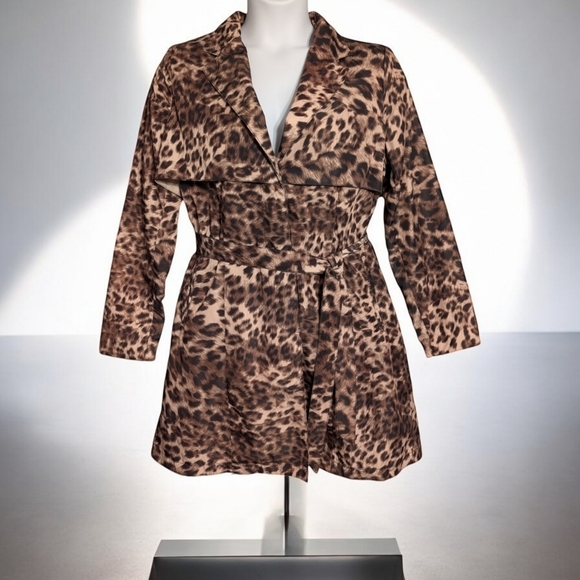 American Glamour by Badgley Mischa Leopard Belted Trench Coat Size Large - Picture 1 of 12
